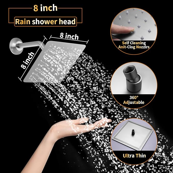 AYIVG Square 304 Stainless Steel 8 Inch Wall Mount Rain Shower head With Shower Arm And flange (Brushed Nickel)