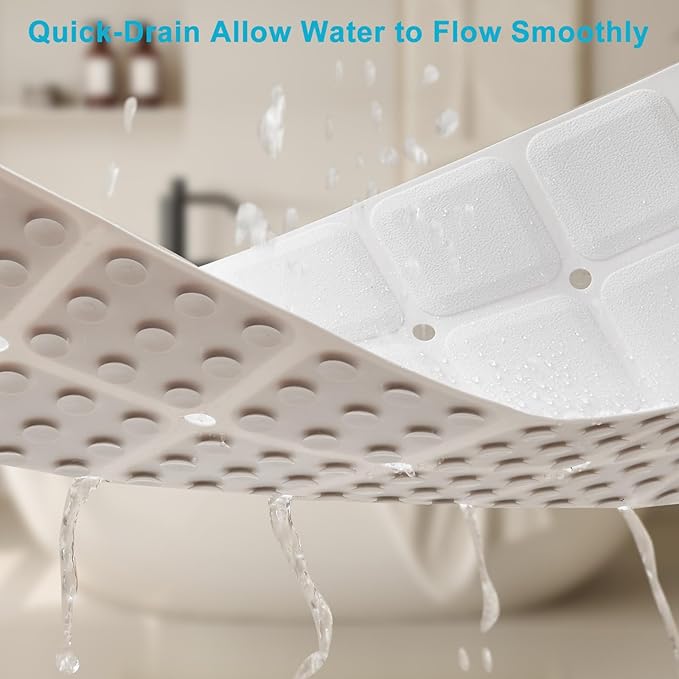 Non-Slip Bath Mat for Tub & Shower：Silicone Foldable Bathtub Mat with Strong Suction Cups, Quick Drain Holes, Machine Washable Extra Large Bathroom Mats 35.8" x 17.7", White