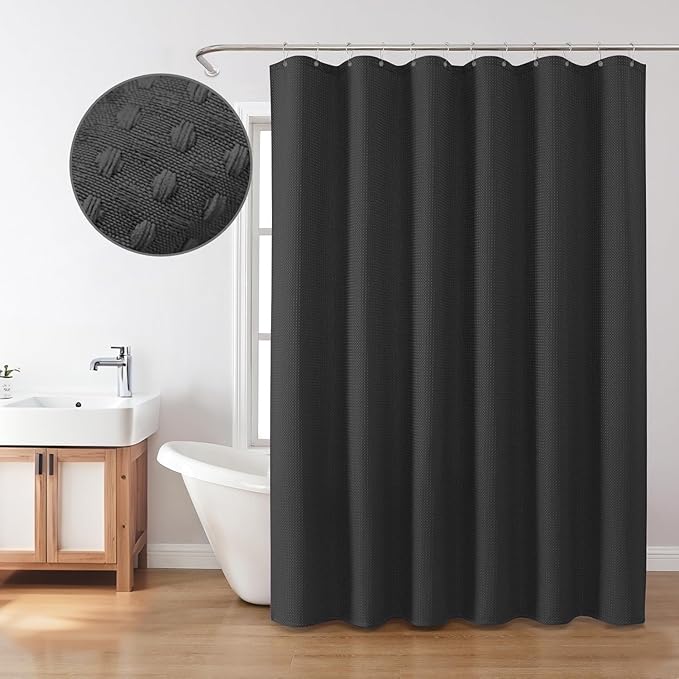 Inhousolu Fabric Shower Curtain Waffle Weave, 230 GSM Heavy Duty, Weighted Hem, 14 Metal Hooks, Water Repellent, Machine Washable, Hotel Spa Luxury Bath Curtain Set, 72 x 72 Inch, Black