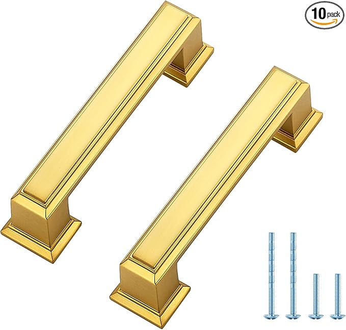 Ravinte Hardware 10 Pack Brushed Brass Cabinet Pulls, 3 Inch (76mm) Hole Center Zinc Alloy Drawer Handles for Kitchen Cabinets, Cupboards, Dressers, Square Solid Metal Hardware