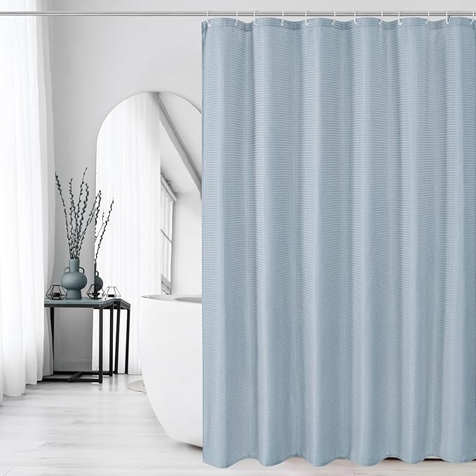 Gibelle Long Shower Curtain 72 x 78, Tall Waffle Weave Textured Fabric Shower Curtain for Bathroom, Water Repellent, Machine Washable, Fog Blue