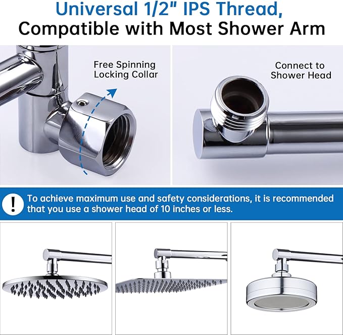 G-Promise 13 Inch Shower Head Extension Arm, Solid Brass Height & Angle Adjustable Extender, Rise or Lower Rainfall and Fixed Shower Head (Chrome)