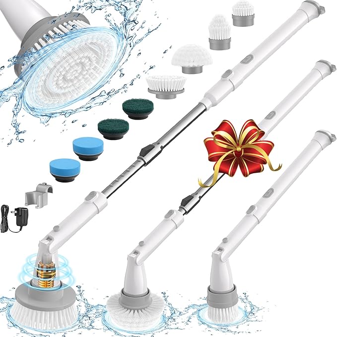 Sweepulire Electric Spin Scrubber for Cleaning, Shower Scrubber with Long Handle, 2 Spin Speeds, Bathroom Scrubber with 8 Replacement Heads, Bath Tub Cleaner Brush for Floor, Tub, Shower, Tile