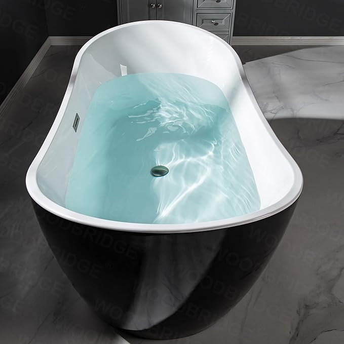 WOODBRIDGE 67" Acrylic Freestanding Bathtub Contemporary Soaking Tub with Brushed Nickel Overflow and Drain,Black,B1815-BN