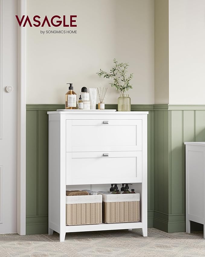 VASAGLE Storage Cabinet, Freestanding Floor Cabinet, 2 Drawers with 1 Set of Adjustable Divider, 2 Baskets, Sideboard, 11.8 x 23.6 x 31.5 Inches, for Bathroom, Living Room, Cloud White UBBC545W02