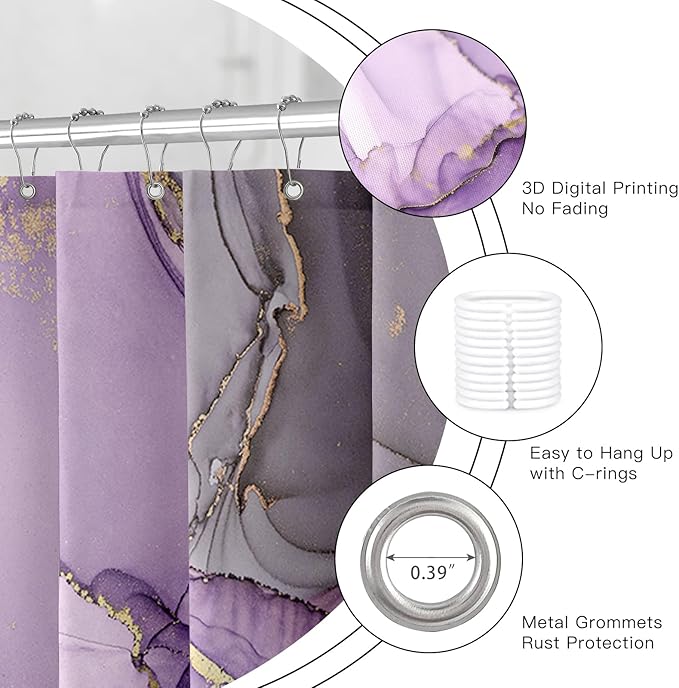 Extra Long Shower Curtain 72 x 84 Inch, Purple Tall Abstract Marble Shower Curtains for Bathroom, Modern Luxury Art Decor Ink Texture Fabric Shower Curtain Set with Hooks