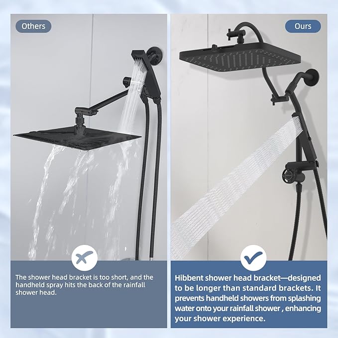 Hibbent Upgraded cUPC Certified 13'' Shower Head Combo, High Pressure 5-spray Rainfall Showerhead, Stainless Steel 4 Spray Handheld, All Metal 4-way Diverter Arm, 71'' Hose and Holder, Black