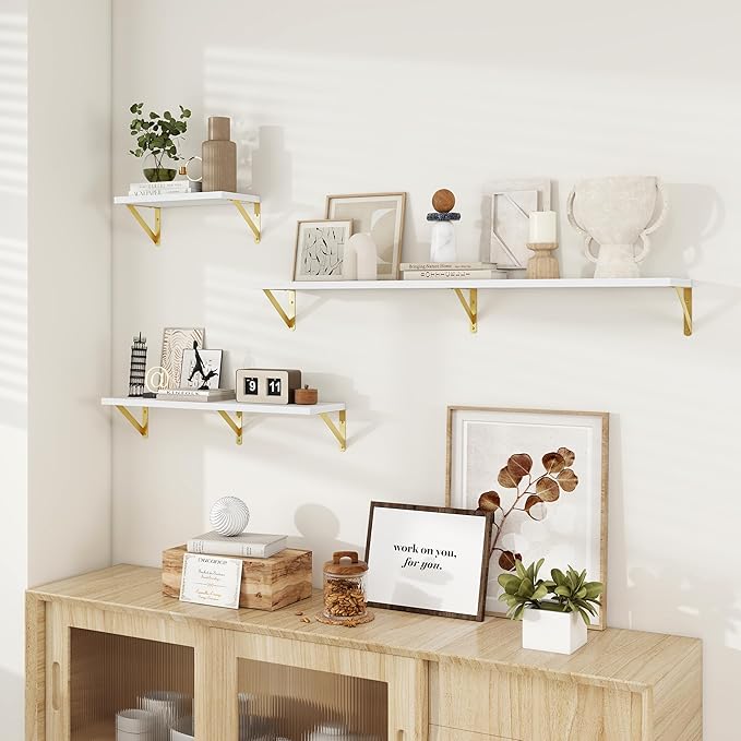 Dreamland 8 inch Deep Floating Shelves for Wall, 55 inch Long White Wall Mounted Shelves Set of 2, Wide Ledge Shelf with Gold Sturdy Metal Brackets for Living Room, Bathroom, Bedroom and Kitchen