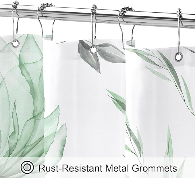 Extra Long Boho Watercolor Floral Shower Curtain 72 x 84, Green and Grey Ink Painting Style Flower Shower Curtains for Chic Elegant Bathroom, Artistic XL Fabric Cloth Shower Curtain