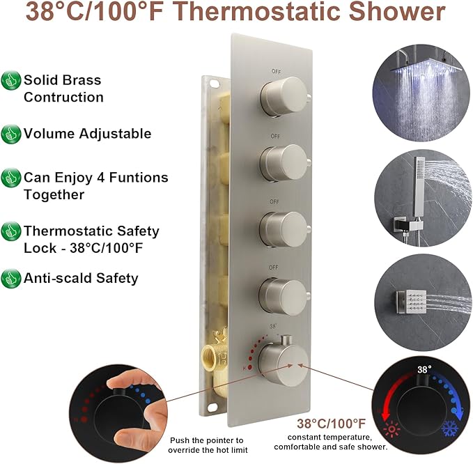 HOMEDEC Modern Solid Brass Concealed 4-Function Thermostatic Shower Diverter Mixer Valve Brushed Nickel, Can Run Simultaneously, Flows Can Be Controlled