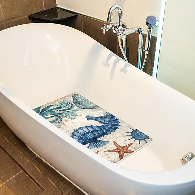 Bathtub Mats for Shower Tub, Anti-Slip Bath Mats for Inside Tub, Bathroom Shower Mats with Drain Holes and Suction Cups (Watercolor Marine Seahorse Vintage Map Background)