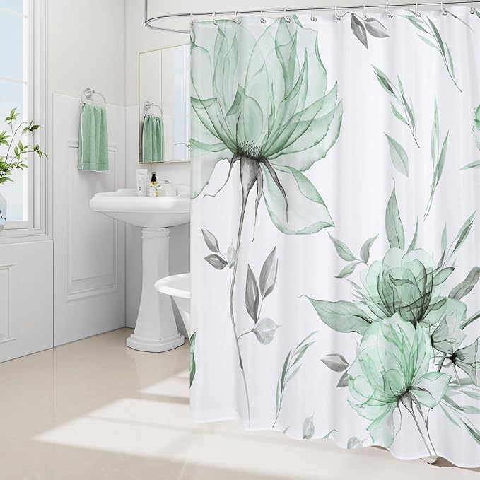 Long Boho Watercolor Floral Shower Curtain 72 x 78, Green and Grey Ink Painting Style Flower Shower Curtains for Chic Elegant Bathroom, Artistic 78 Inch Long Fabric Shower Curtain