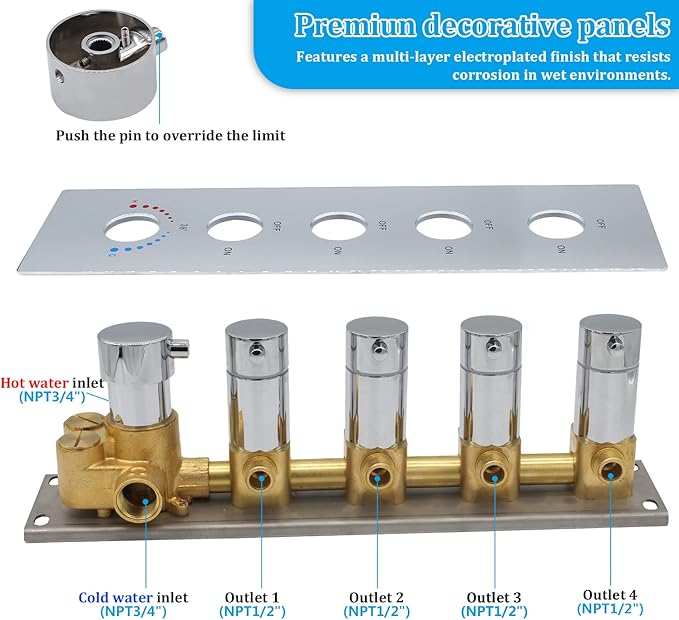 HOMEDEC 4-Way Shower Diverter Valve Can Run Together, Concealed Thermostat 5 Handles Shower Control Valve Flow Bathroom Faucet Mixer Valve Kit in Chrome