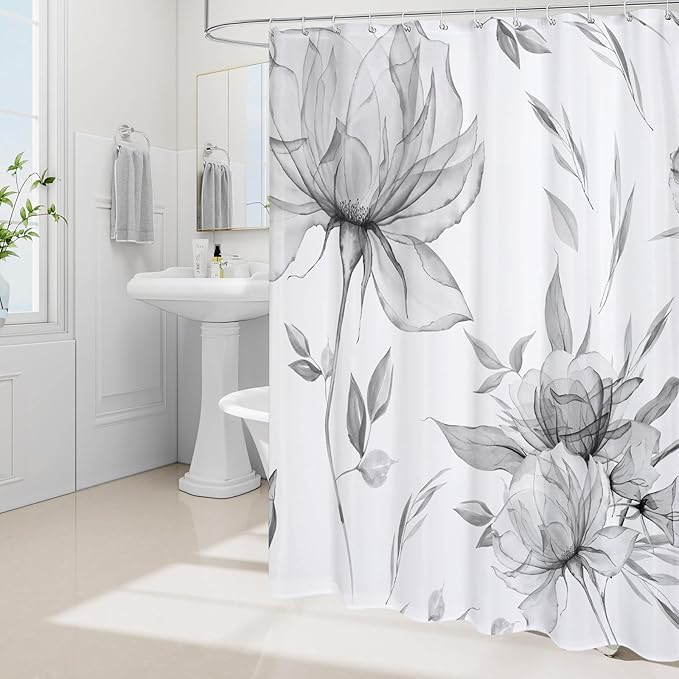 Small Stall Boho Watercolor Floral Shower Curtain 36 x 72, Grey Ink Painting Style Flower Shower Curtains for Chic Elegant Bathroom, Artistic Narrow Half Size Shower Curtain