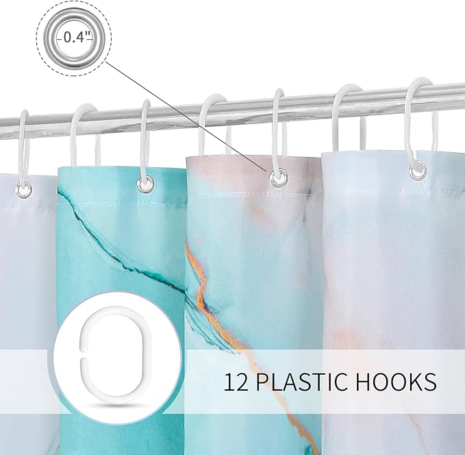 Gibelle Long Fabric Shower Curtain 72 x 78, Tall Abstract Grey Teal Marble Shower Curtain, Modern Ink Art Waterproof Fabric Shower Curtain Set with Hooks