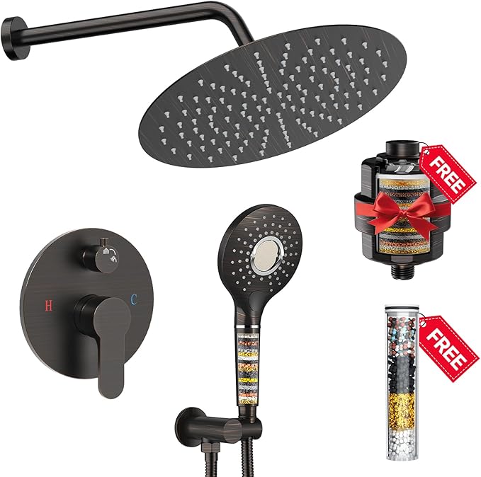 SunCleanse Shower System - 12 Inch Dual Filtered Rainfall Shower Head Combo- High Pressure 3 Spray Mode Showerhead-Included Rough in Valve and Trim Kit, Oil Rubbed Bronze