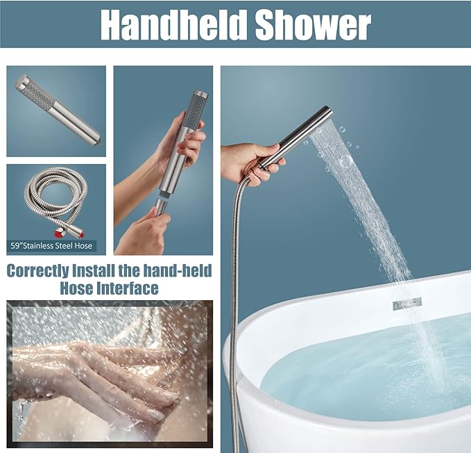 Aolemi Floor Mount Bathtub Faucet Freestanding Tub Filler Standing High Flow Shower Faucets Shower Mixer Taps, Swivel Gooseneck Spout with Cylinder Handheld Brushed Nickel