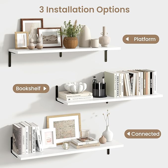 Fun Memories Deep Floating Shelves, 36W x 8D Floating Shelves Set of 2, Wall Mounted Shelf with Metal Brackets, Rustic Wood Wall Shelf for Bathroom, Kitchen and Living Room, White
