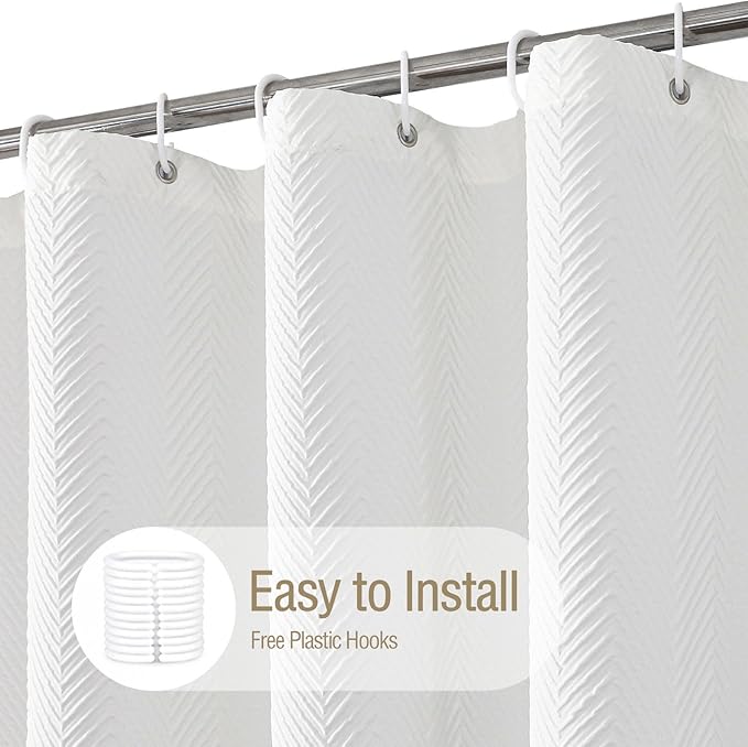 Gibelle Small Stall Shower Curtain 36 x 72, Narrow Half 3D Embossed Textured White Fabric Shower Curtain, Modern Farmhouse Herringbone Decorative Bathroom Shower Curtain Set with Hooks