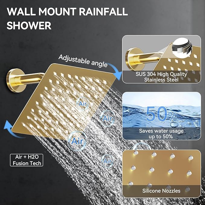 Brushed Gold Shower System with Body Jets, Bostingner 4 Way Shower Faucet Set with 2 in1 Handheld,Ceiling Mount 12 Inch Shower Head with 6 Inch Shower Head,4Pcs Body Jets With Dual Head Shower Set