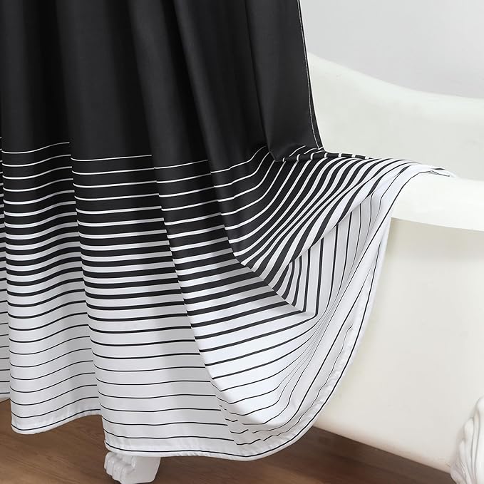 Black Shower Curtain, Modern Black and White Gradient Horizontal Stripe Waterproof Polyester Shower Curtains for Bathroom, 72x72 Inches