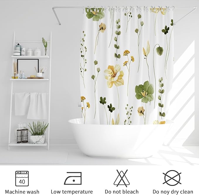 Gibelle Long Shower Curtain 72 x 78, Watercolor Floral Fabric Shower Curtain, Olive Green Beige Flower Decorative Bathroom Shower Curtain Set