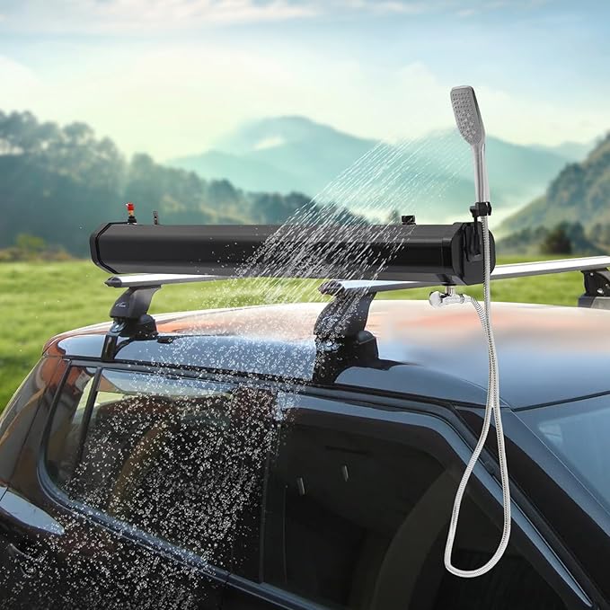 Portable Camping Shower Solar Portable Shower Water Tank for Camping Self-Pressurized Water Tank for SUV Overland Roof Rack 5.58ft Pipe 1.6bar 60℃/140℉ (18L)
