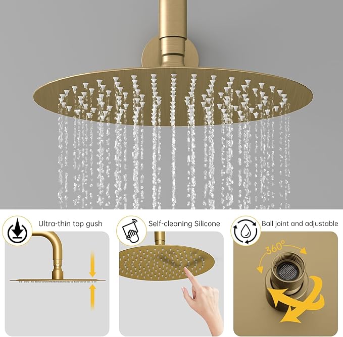 BESy Shower System with 10 Inch Round Rain Shower Head and Handheld Wall Mounted, High Pressure Rainfall Shower Faucet Fixture Combo Set with 2 in 1 Handheld Showerhead for Bathroom, Brushed Gold