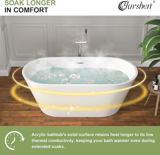 59" Freestanding Acrylic Bathtub White Roll Top Soaking Tub with Black Drain Sleek Finish for Contemporary Bathrooms, YSB9219