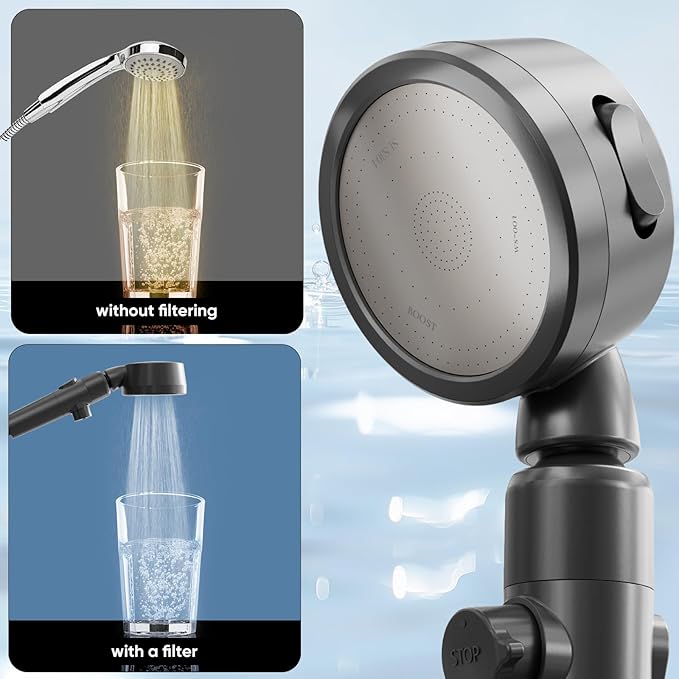 Ion Drops Filtered Shower Head for Hard Water, High Pressure Handheld with 3 Modes & Pause Switch for Pets Bath, Complete Kit with 60" Stainless Hose, 5 Replacement Filters & Bracket