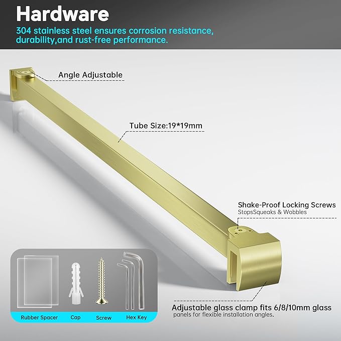 Frameless Shower Door Support Bar, Stainless Steel Wall-to-Glass Support Arm to Fixed Shower Glass Panel, for 1/4"-3/8" (6-10 mm) Door, 180° Pivot & Stow-Flat Mode (Brushed Gold, 31.5-inch(800mm))