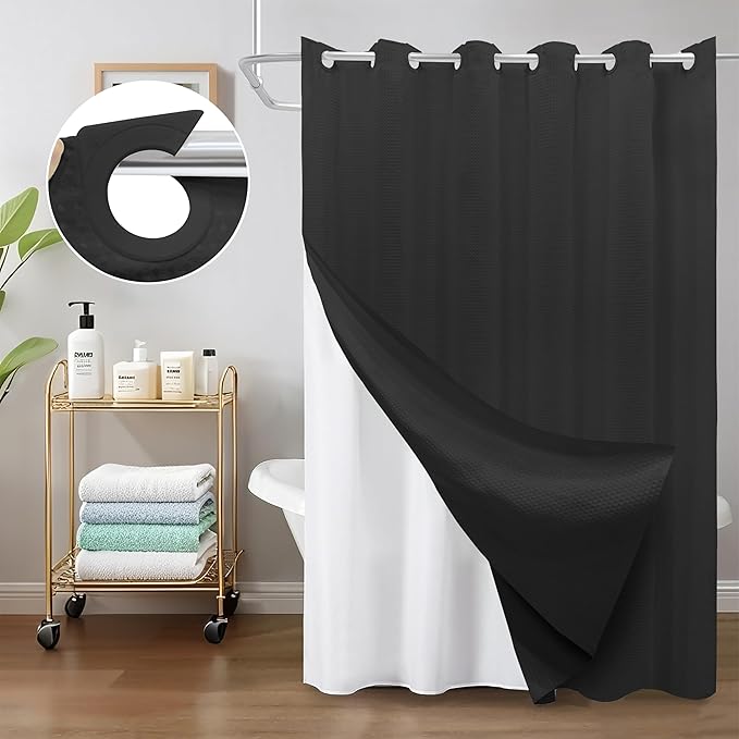 Inhousolu No Hook Waffle Weave Shower Curtain with Removable Snap in Fabric Liner Set for Bathroom, 230 GSM Heavy Duty Weighted Hem, Water Repellent Washable Bath Curtains, 60 x 72 Inch, Black