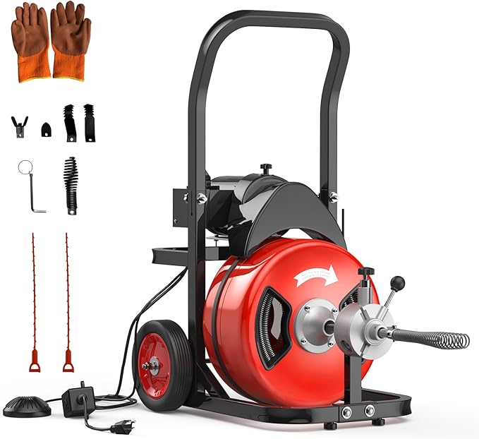 Electric Drain Cleaning Machine 100Ft 3/4 Inch, 750W Auto Feed Portable Sewer Snake, Drain Auger with 6 Cutter and Air-Activated Foot Switch for 4"–8" Pipes
