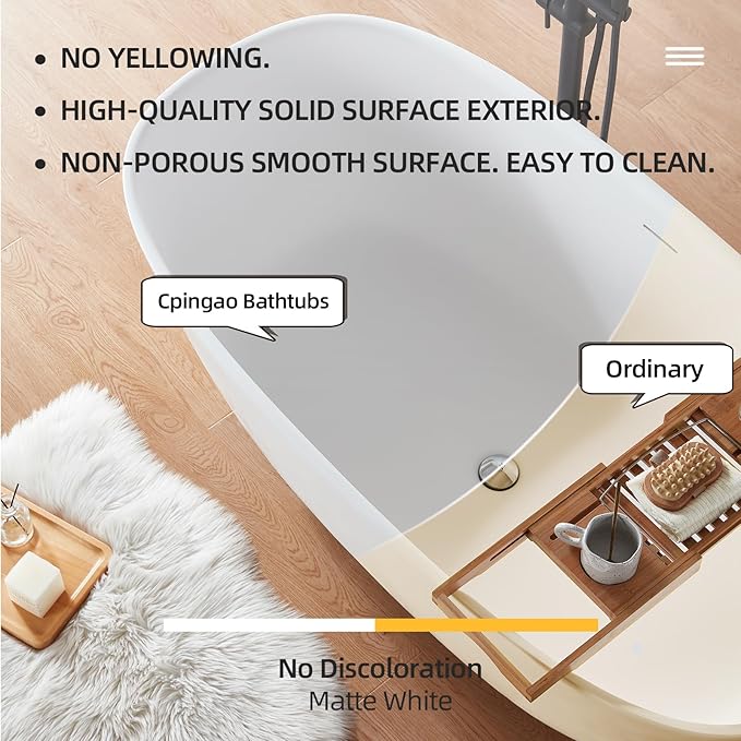 Cpingao (63"Lx31.5"Wx22"T) Stone Resin Solid Surface Freestanding Bathtub, Modern Elegant Design Soaking Stand Alone Tub, Matte White, Chrome Drain and Overflow Included 8823A