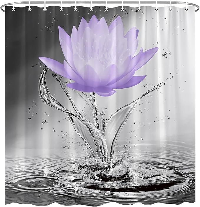 Lotus Shower Curtain Black White Grey Violet Flower Elegant Blooming Floral with Dew Spring Flower Reflection on Water Modern Romantic Polyester Fabric Bathroom Decor 70×84 Inch with Hook