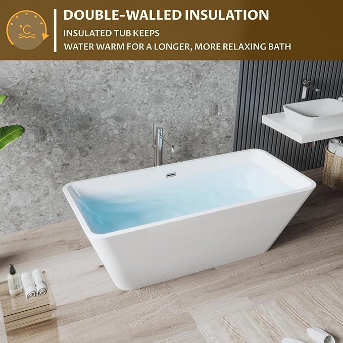 66 Inch Freestanding Bathtub, Acrylic Deep Soak Tub, Glossy White, Easy Install with Overflow & Drain