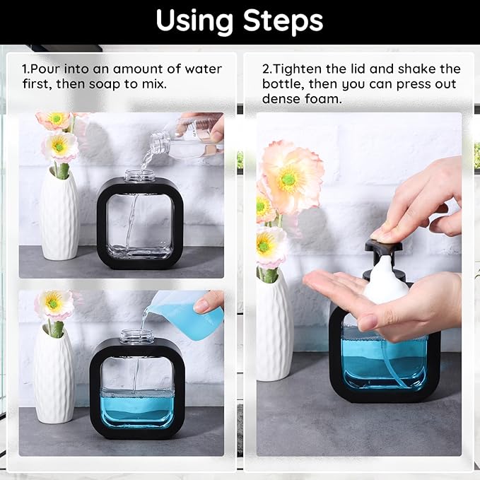 Segbeauty 10.1oz Black Foaming Soap Dispenser for Bathroom, 3pcs 300ml Empty Square Refillable Dish Soap Dispenser for Kitchen Sink Cleaning, Plastic Shampoo Shower Pump Bottles Dispenser with Labels