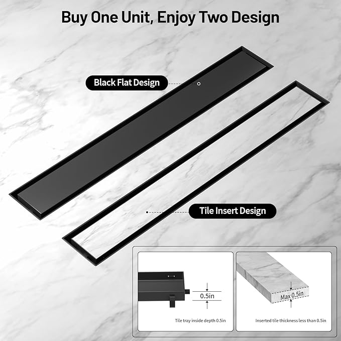 Linear Shower Drain, 304 Stainless Steel with Adjustable Leveling Feet, Hair Strainer,Reversely Install Place to Create an Invisible Floor Drain - Black -16-Inch