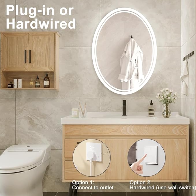 36 X 28 Inch Oval LED Bathroom Mirror Anti-Fog Wall Mounted Lighted Bathroom Vanity Mirror Smart Makeup Mirror 3 Colors Light Dimmable Touch Switch