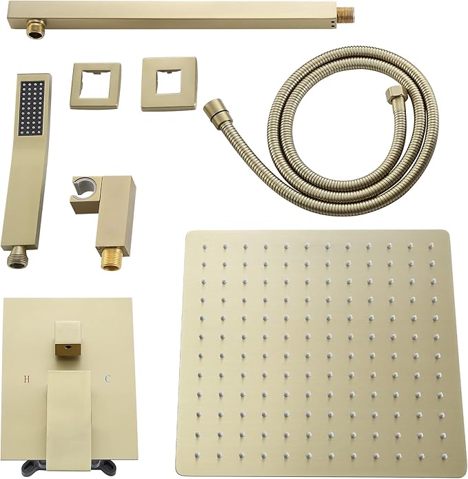 Gold Shower Faucet - Lordear 10 Inch Rain Shower System Wall Mounted Shower Head Faucet Set Stainless Steel Showerhead with Handheld Combo and Solid Brass Valve, Brushed Gold Finish