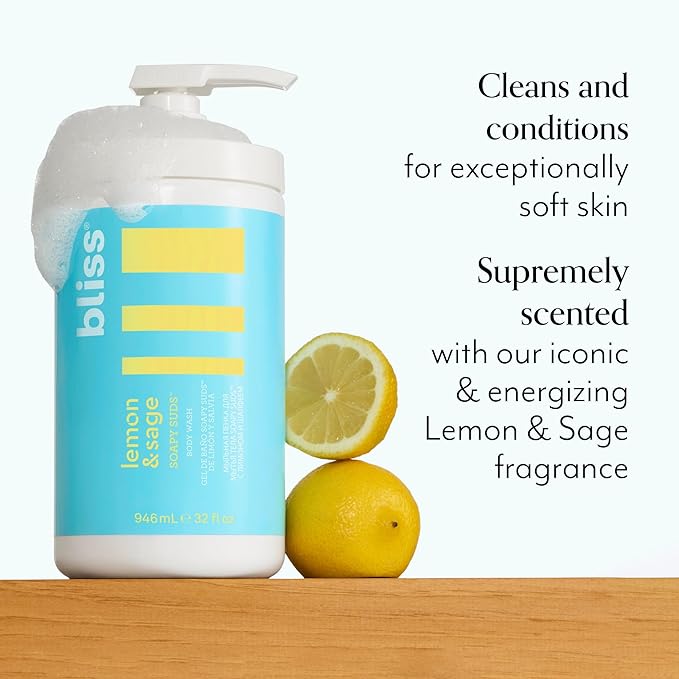 Bliss Soapy Suds Body Wash - Lemon and Sage - 32 Fl Oz - Gentle and Hydrating for Supremely Soft Skin - Paraben Free - Vegan & Cruelty Free