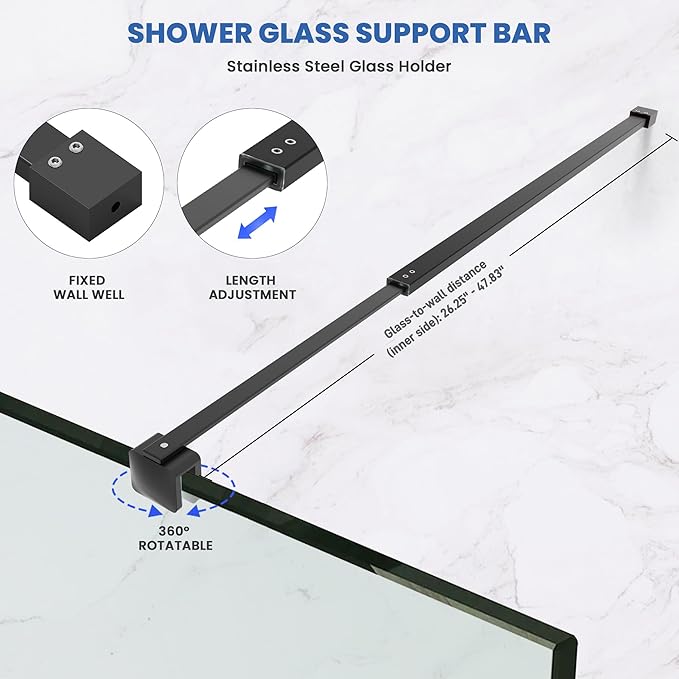 Shower Door Glass Support Bar, 26.96" to 48.54" Adjustable Stainless Steel Wall-to-Glass Shower Stabilizer Rod for 1/4", 5/16", 3/8", Matte Black