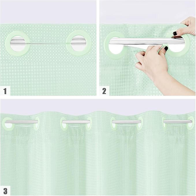 MitoVilla No Hooks Needed Green Waffle Shower Curtain Liner Set, Modern Waffle Weave Heavy Duty Fabric Cloth Shower Curtain with Snap-in Liner for Luxury Neutral Hotel Spa Bathroom Decor