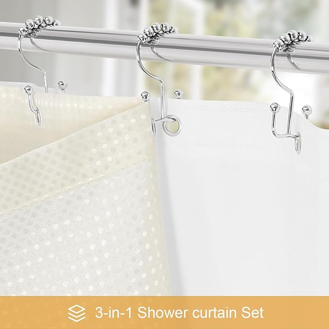 3 in 1 Shower Curtain Set, Cream Waffle Shower Curtain and PEVA Liner Set with 12 Stainless Steel Shower Curtain Hooks, Ivory Waterproof Fabric Shower Curtains for Bathroom, 72 W x 72 H