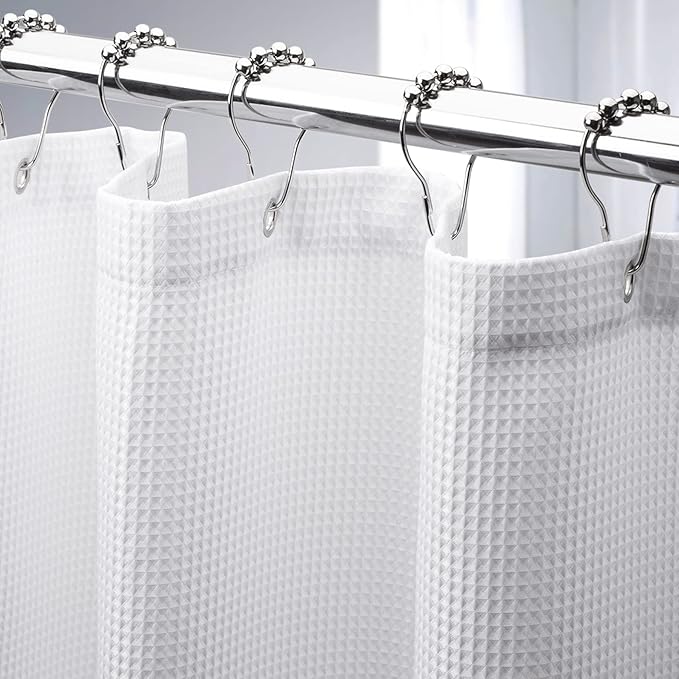 AmazerBath Short Shower Curtain 72x65 Inches, White Shower Curtain Waffle Textured, Heavy Duty 240GSM, Fabric Shower Curtain, Hotel Quality Bathroom Shower Curtains, Thick and Heavy