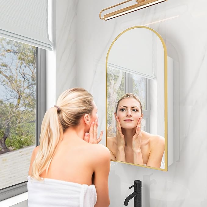 FKWin Arched Medicine Cabinets with Mirror, Bathroom Mirror with Storage, Aluminum Alloy Bathroom Cabinet, Modern Bathroom Wall Cabinet with 3 Adjustable Shelves, Not Recessed, 29.5"x15.7", Gold