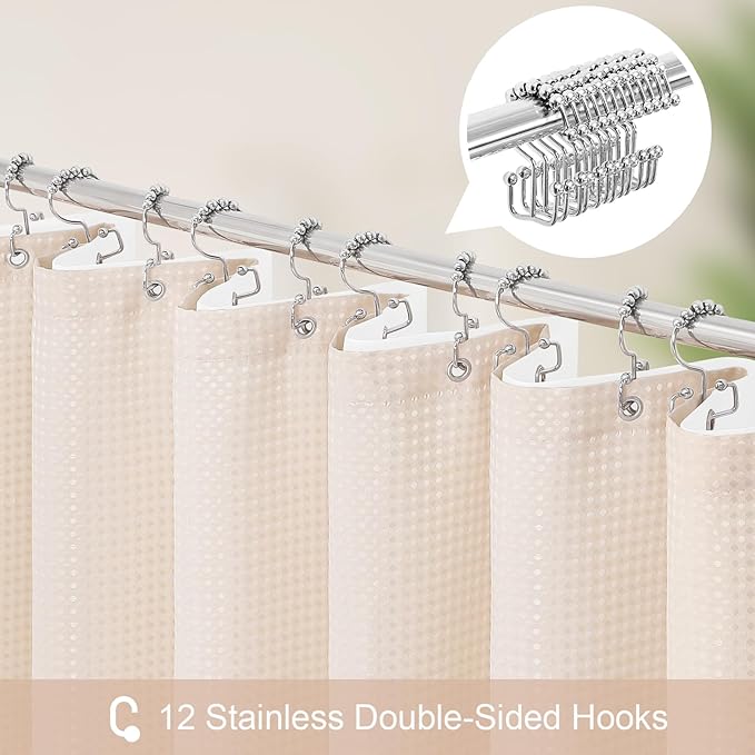 3 in 1 Extra Long Blush Pink Shower Curtain Set-72 W x 84 H, Modern Waffle and PEVA Liner Set with 12 Stainless Steel Hooks, Waterproof Fabric for Bathroom