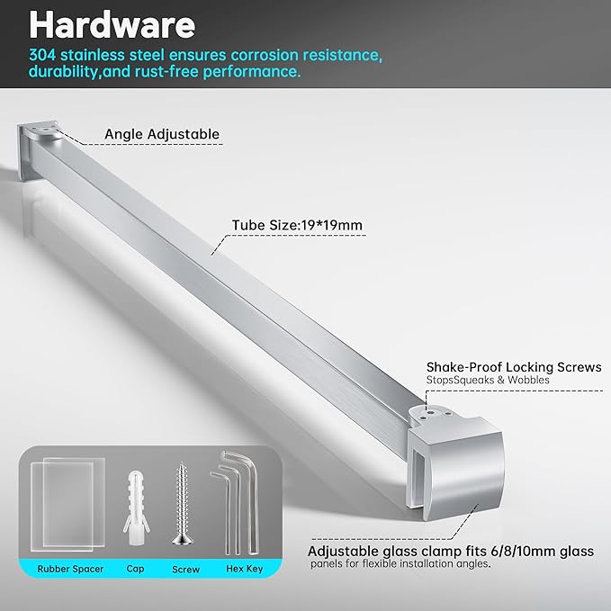 Frameless Shower Door Support Bar, Stainless Steel Wall-to-Glass Support Arm to Fixed Shower Glass Panel, for 1/4"-3/8" (6-10 mm) Door, 180° Pivot & Stow-Flat Mode (Brushed Nickel, 23.6-inch(600mm))
