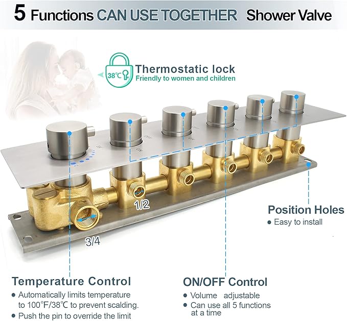 HOMEDEC 5-Function Brass Thermostatic Shower Valve Kit Can Run at Same Time, Concealed Water Diverter with 6 Round Handles Knobs Valve, Brushed Nickel