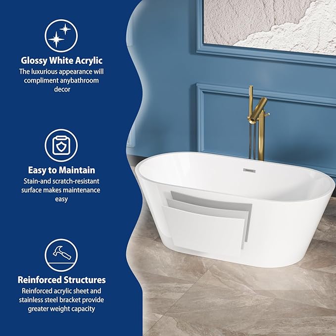 Sarlai 59 Inch Acrylic Freestanding Soaking Bathtub Contemporary Soaking White Tub Stand Alone Ergonomic Bathtub with Gold Drain